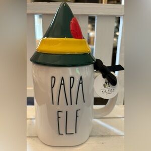 Rae Dunn Papa Elf Mug with Green and Yellow Hat Lid